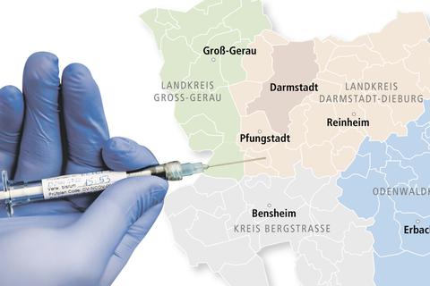 In Darmstadt und den Landkreisen sollen sechs Impfzentren entstehen.  Foto/Karte: dpa/vrm