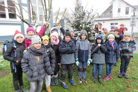 Die Schüler mit dem geschmückten Weihnachtsbaum. Foto: Herbert Schott