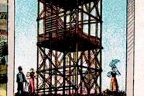 Vergangenheit und Zukunft: Das 1885 errichtete Aussichtsgerüst auf einer alten Postkarte und ein Blick darauf, wie der Herchenhainer Aussichts-Funkturm aussehen soll.   Fotos: Weidner/Drahtler Architekten - HKT 