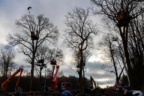 Während am Boden die letzten Strukturen beseitigt werden, dreht am Himmel ein Greenpeace-Aktivist seine Runden. Foto: Dickel 