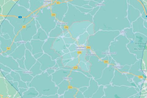 Für die 15-Kilometer-Regel gelten die Ortsgrenzen der Gesamtkommunen - hier am Beispiel Lauterbach. Kartenmaterial/Grafik: Google Maps/Glassl 