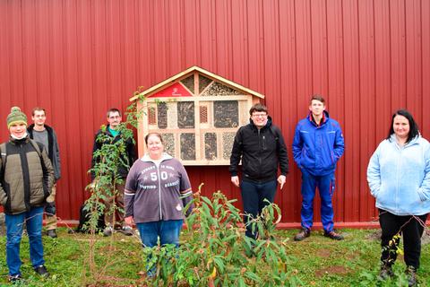 Teilnehmer aus dem Berufsbildungsbereich der bhw haben im Kurpark ein selbst gebautes Insektenhotel aufgestellt. Foto: Rüb 