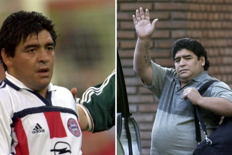 Diego Maradonna links als aktiver Spieler und rechts nach der Entlassung aus einer psychiatrischen Klinik in Buenos Aires im Jahr 2004. Fotos: dpa/AP