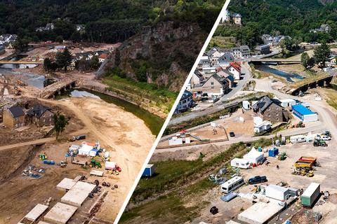 Das Ahrtal nach der großen Flutkatastrophe im Juli 2021 und ein Jahr später Fotos: Lukas Görlach
