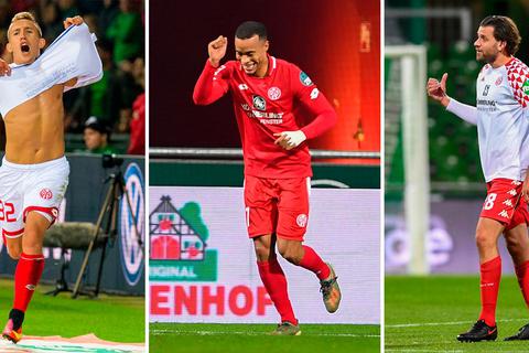 05-Torschützen gegen Werder: Pablo de Blasis (2016, von links), Robin Quaison (2019) und Adam Szalai (2021).  Archivfotos: nordphoto, dpa (2) 